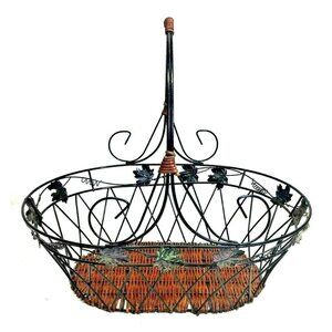 Black Metal & Brown Wicker Oval Basket With Handle & Leaf Design